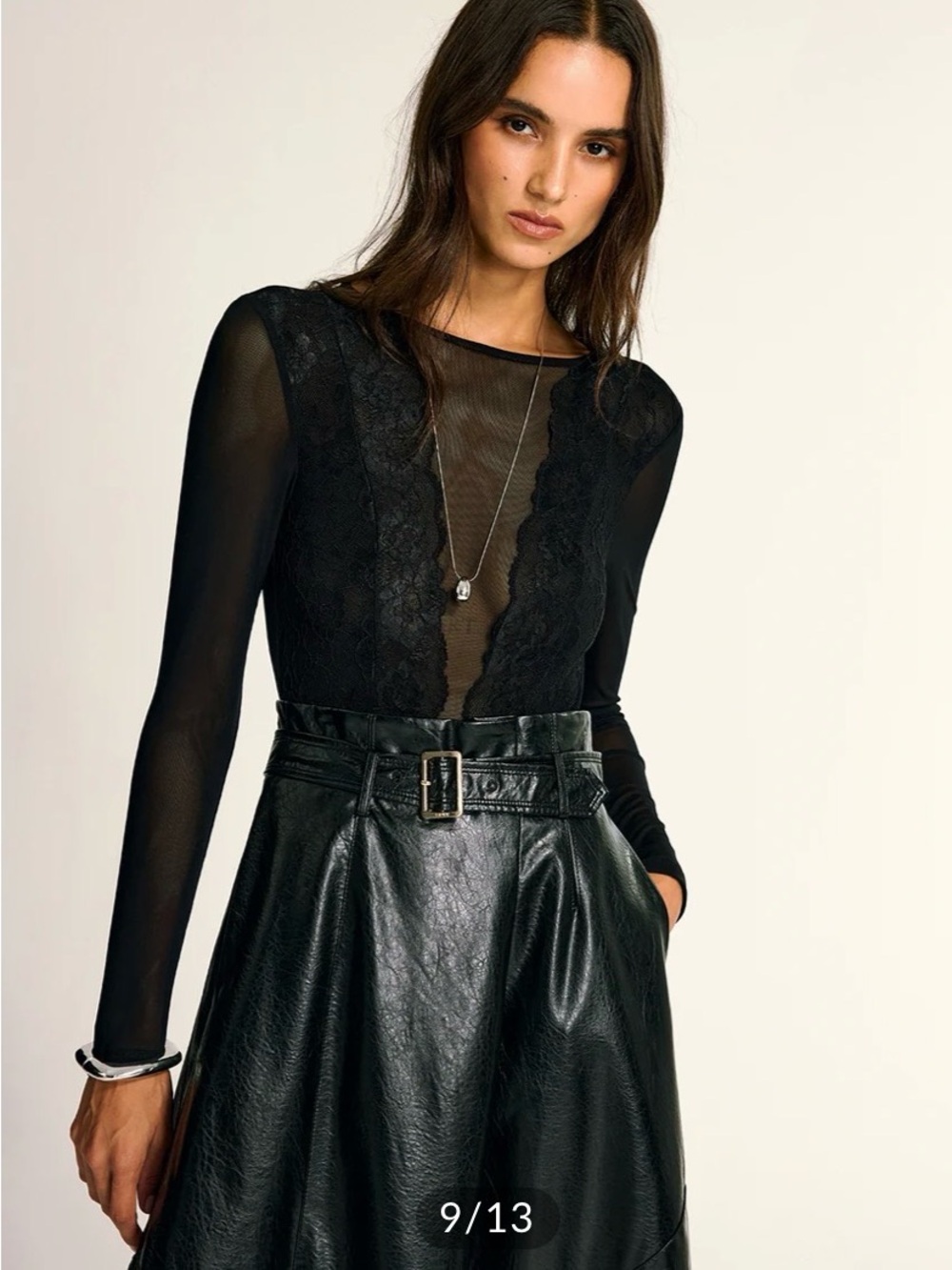 NWT Commense Black Lace-Trim Sheer Long-Sleeve Bodysuit Top- size M